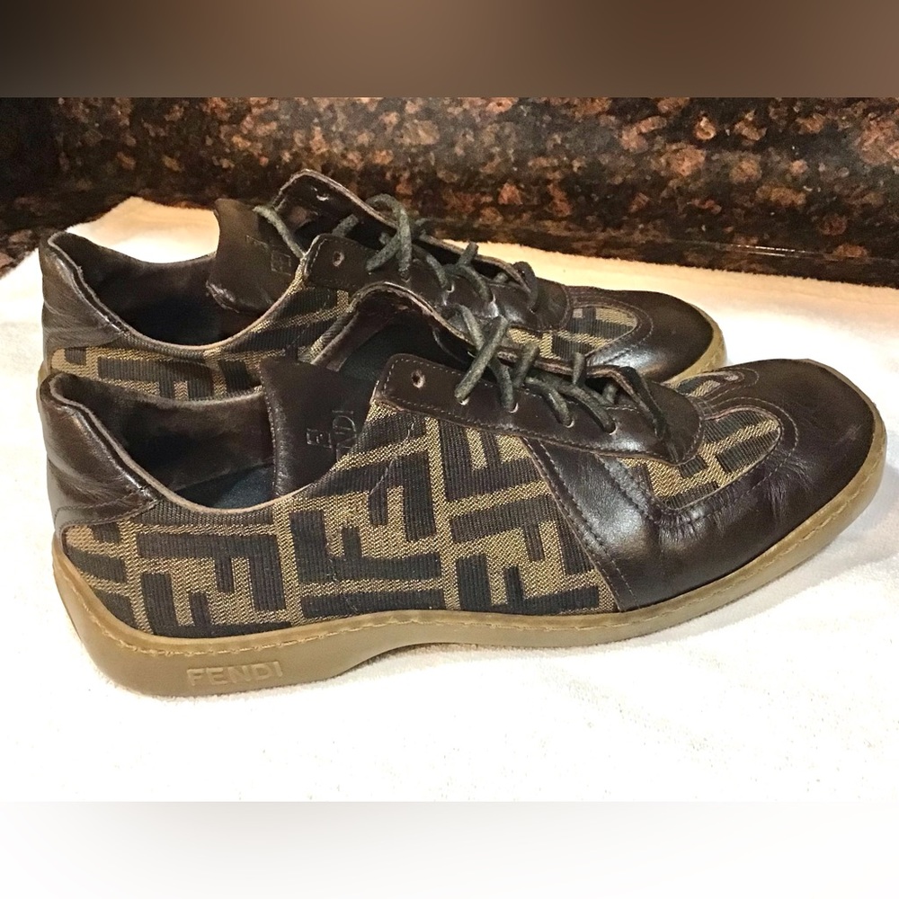Fendi Monogrammed Canvas Leather Sneakers Sz 7.5